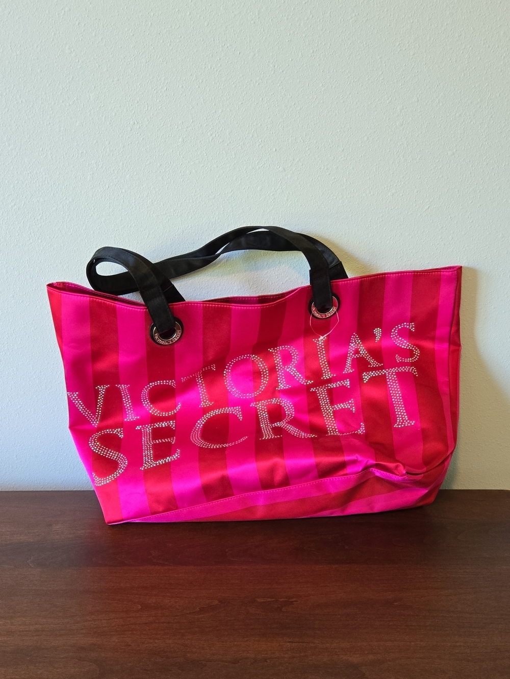 Victoria's Secret Hot Pink Striped Tote with Black Handles
